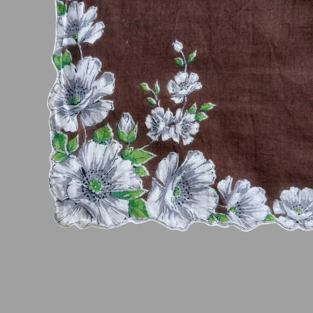 Vintage 1950s Floral Handkerchief Brown White